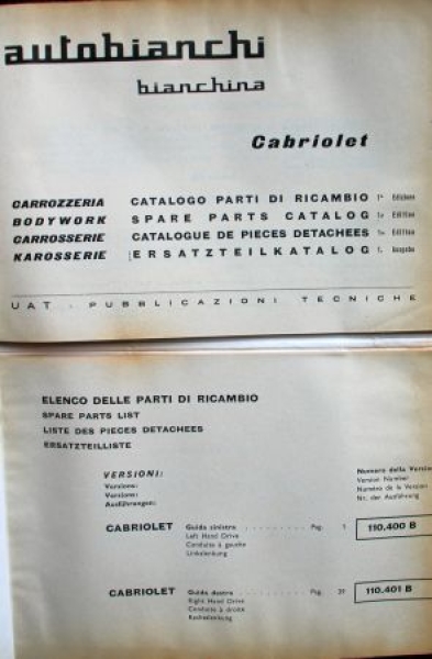Autobianchi Bianchina Convertible 1961 Spare Part List (6756)